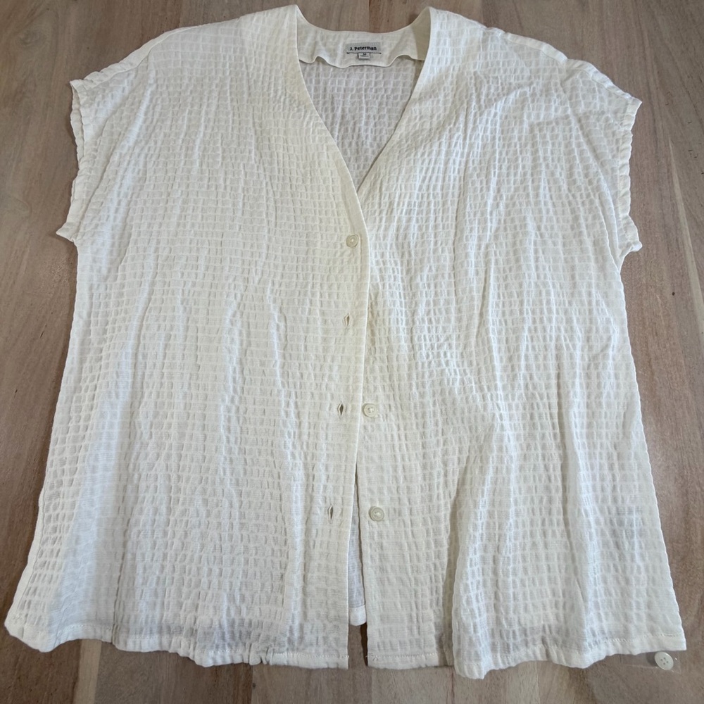 J Peterman Crinkled Button Up V Neck Blouse Size Medium White Lightweight